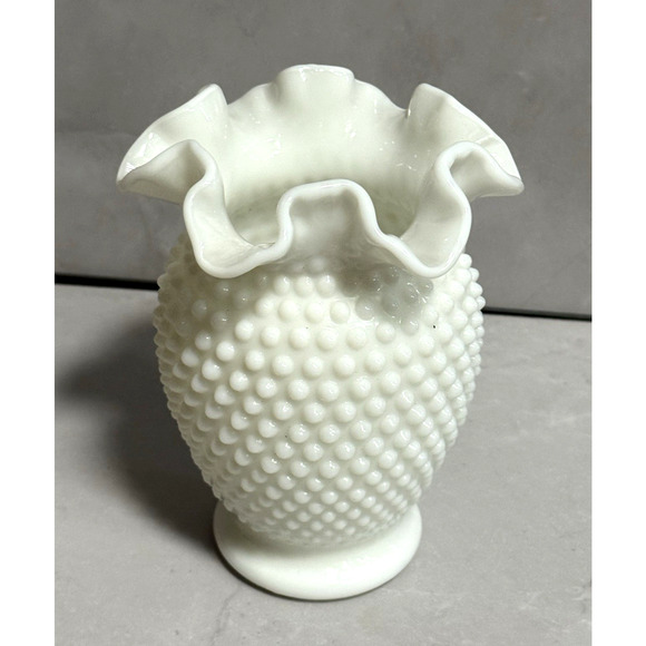 Vintage 1950s Fenton Hobnail Milk Glass Double Crimped Vase 6" Tall - Picture 1 of 7